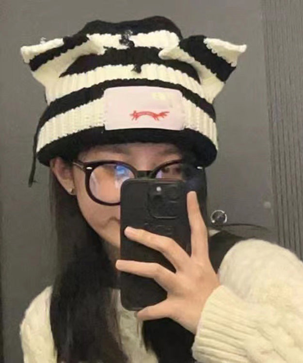 Retro Black White Striped Pig Ear Knit Bonnie Hat LY512 - fabuloryshop