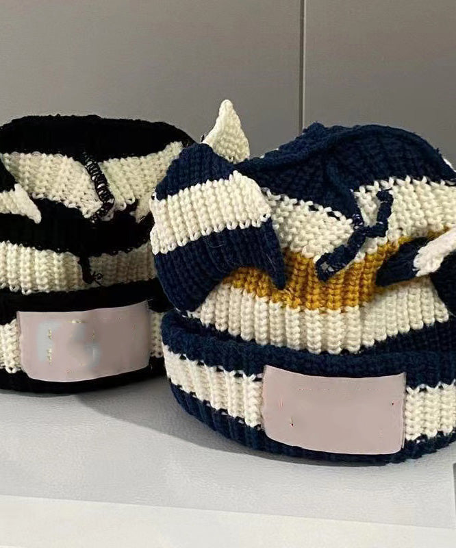 Retro Black White Striped Pig Ear Knit Bonnie Hat LY512
