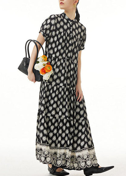 Retro Black Wrinkled Print Patchwork Long Chiffon Dress Summer LY1222 - fabuloryshop