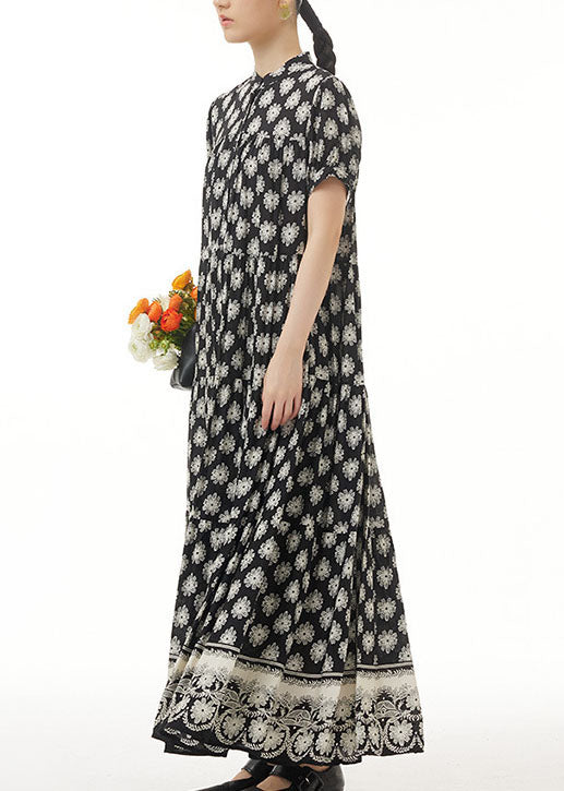 Retro Black Wrinkled Print Patchwork Long Chiffon Dress Summer LY1222 - fabuloryshop
