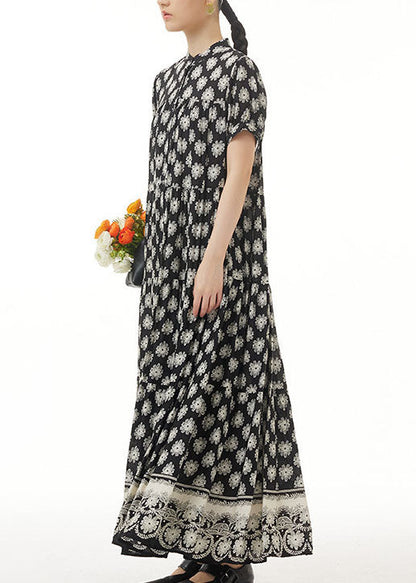 Retro Black Wrinkled Print Patchwork Long Chiffon Dress Summer LY1222 - fabuloryshop