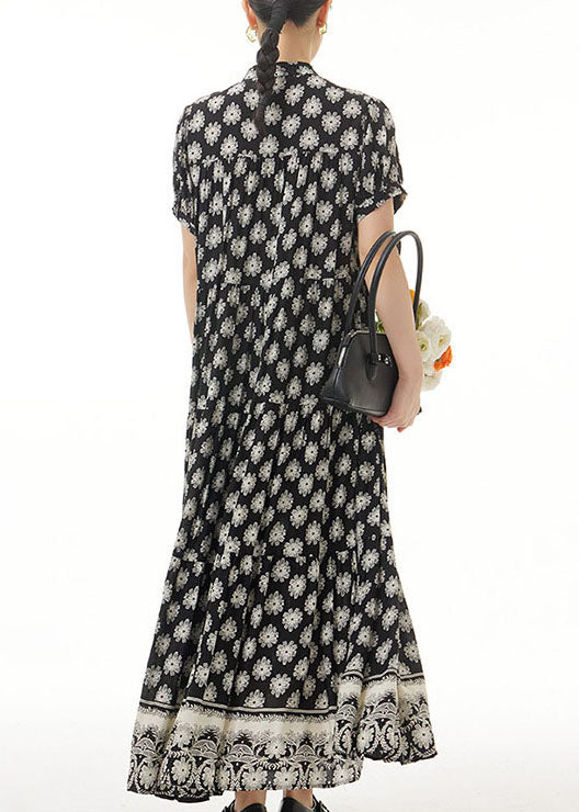 Retro Black Wrinkled Print Patchwork Long Chiffon Dress Summer LY1222 - fabuloryshop