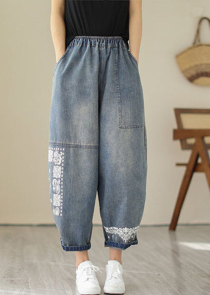 Retro Blue Embroideried Pockets Patchwork Denim Pants Summer LY4930 - fabuloryshop