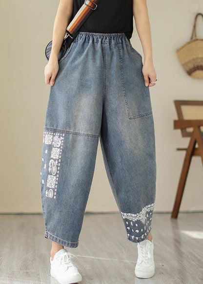 Retro Blue Embroideried Pockets Patchwork Denim Pants Summer LY4930 - fabuloryshop