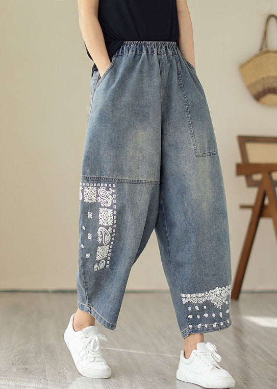 Retro Blue Embroideried Pockets Patchwork Denim Pants Summer LY4930 - fabuloryshop