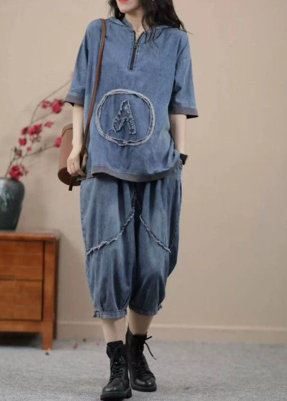 Retro Blue Hooded Zippered Patchwork Denim Two Pieces Set Summer LY4096 - fabuloryshop