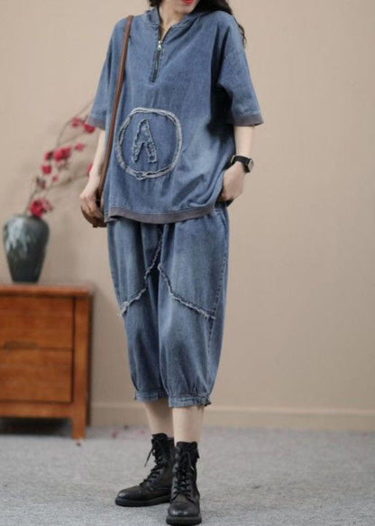 Retro Blue Hooded Zippered Patchwork Denim Two Pieces Set Summer LY4096 - fabuloryshop