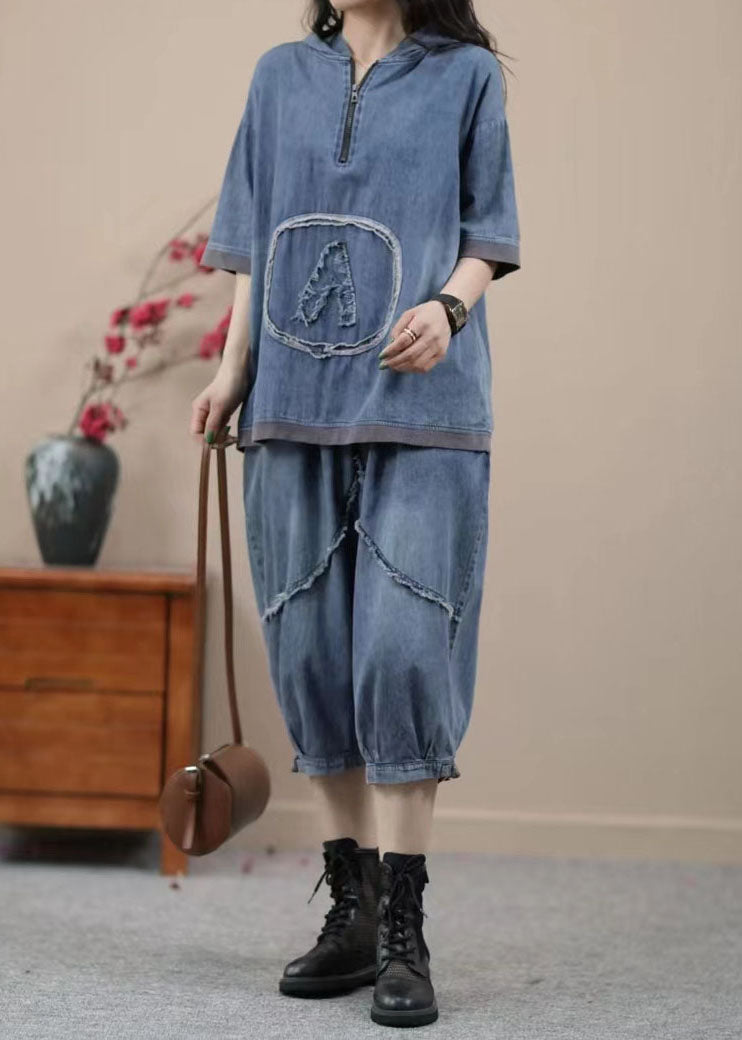 Retro Blue Hooded Zippered Patchwork Denim Two Pieces Set Summer LY4096 - fabuloryshop