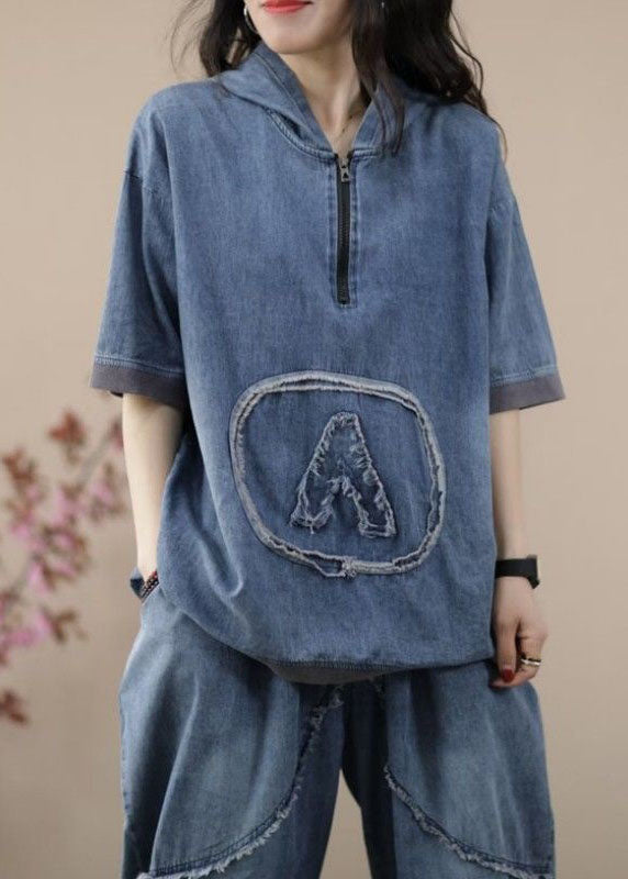 Retro Blue Hooded Zippered Patchwork Denim Two Pieces Set Summer LY4096 - fabuloryshop