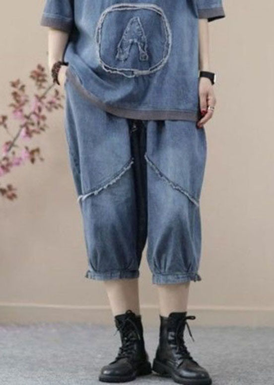 Retro Blue Hooded Zippered Patchwork Denim Two Pieces Set Summer LY4096 - fabuloryshop