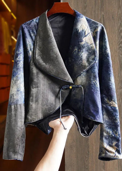 Retro Blue Notched Tassel Button Silk Coat Fall Ada Fashion