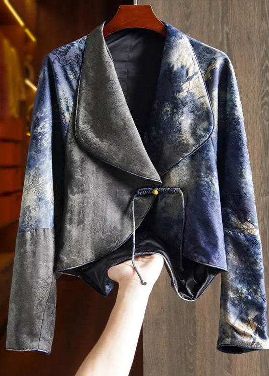 Retro Blue Notched Tassel Button Silk Coat Fall Ada Fashion