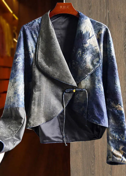 Retro Blue Notched Tassel Button Silk Coat Fall Ada Fashion