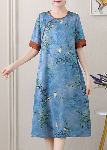 Retro Blue O-Neck Jacquard Side Open Patchwork Silk Mid Dress Summer TI1027 - fabuloryshop