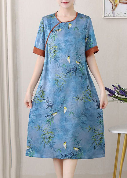 Retro Blue O-Neck Jacquard Side Open Patchwork Silk Mid Dress Summer TI1027 - fabuloryshop