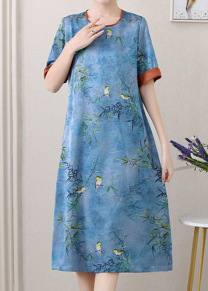 Retro Blue O-Neck Jacquard Side Open Patchwork Silk Mid Dress Summer TI1027 - fabuloryshop