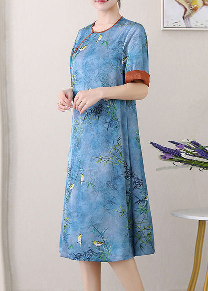 Retro Blue O-Neck Jacquard Side Open Patchwork Silk Mid Dress Summer TI1027 - fabuloryshop