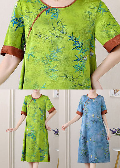 Retro Blue O-Neck Jacquard Side Open Patchwork Silk Mid Dress Summer TI1027 - fabuloryshop