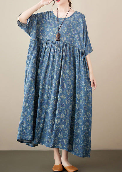 Retro Blue O-Neck Print Cotton Long Dresses Short Sleeve LY6102 - fabuloryshop