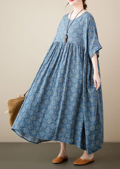 Retro Blue O-Neck Print Cotton Long Dresses Short Sleeve LY6102 - fabuloryshop