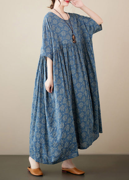 Retro Blue O-Neck Print Cotton Long Dresses Short Sleeve LY6102 - fabuloryshop