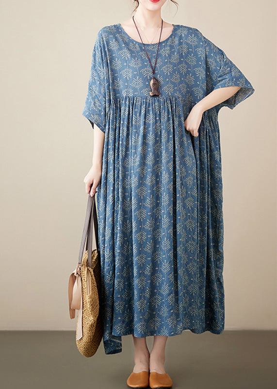 Retro Blue O-Neck Print Cotton Long Dresses Short Sleeve LY6102 - fabuloryshop