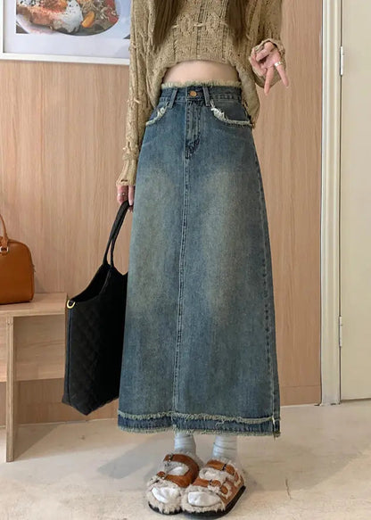 Retro Blue Patchwork Button Long Skirts Summer Ada Fashion