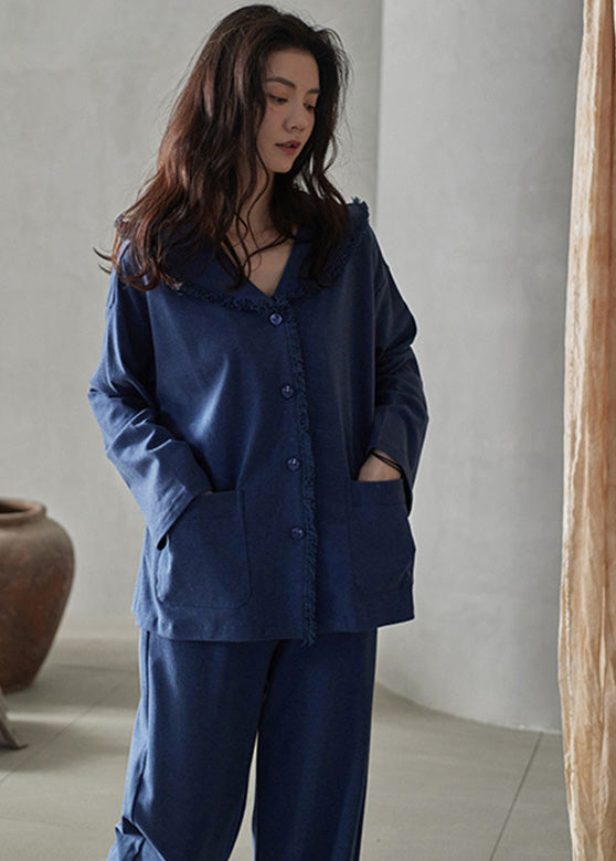 Retro Blue Peter Pan Collar Patchwork Button Cotton Pajamas Two Pieces Set Long Sleeve LY1919 - fabuloryshop