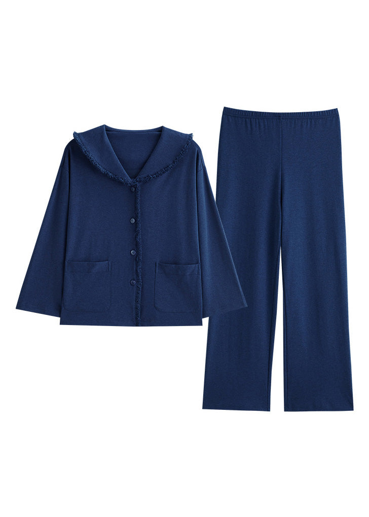 Retro Blue Peter Pan Collar Patchwork Button Cotton Pajamas Two Pieces Set Long Sleeve TO1052 - fabuloryshop