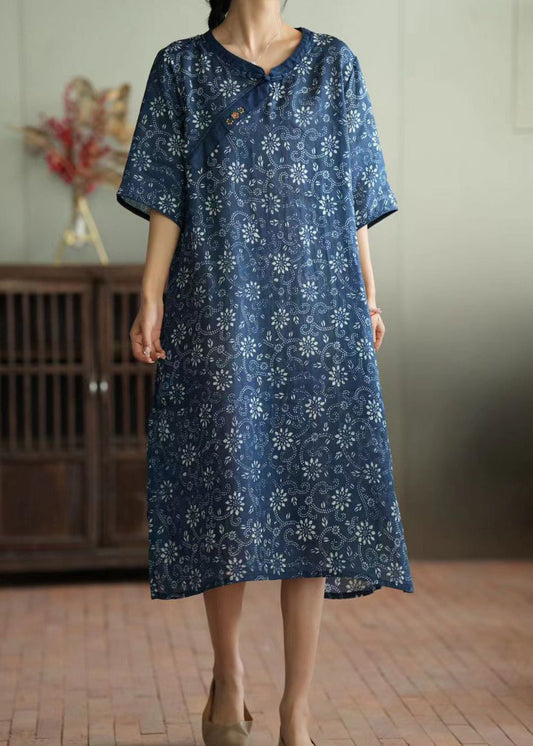 Retro Blue Print Button Ramie Maxi Dress Short Sleeve LY2948 - fabuloryshop