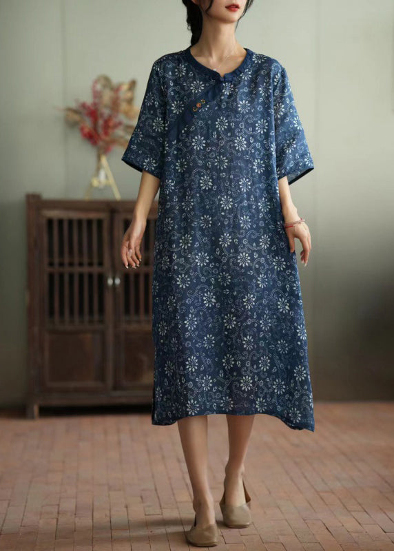 Retro Blue Print Button Ramie Maxi Dress Short Sleeve LY2948 - fabuloryshop