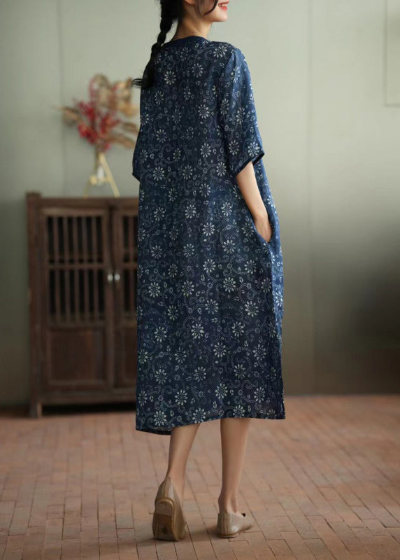 Retro Blue Print Button Ramie Maxi Dress Short Sleeve LY2948 - fabuloryshop