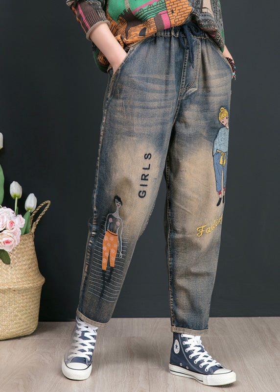 Retro Blue Print Embroideried Elastic Tie Waist Harem Pants Summer LY5212 - fabuloryshop