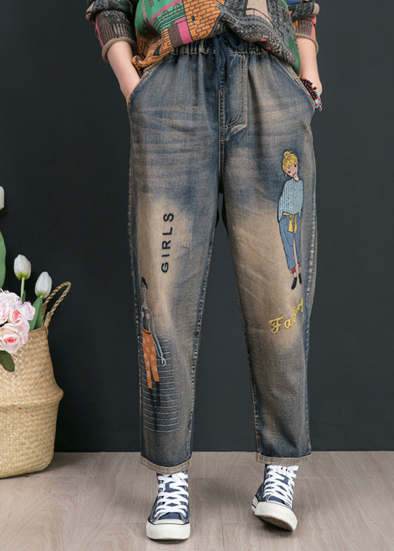 Retro Blue Print Embroideried Elastic Tie Waist Harem Pants Summer LY5212 - fabuloryshop