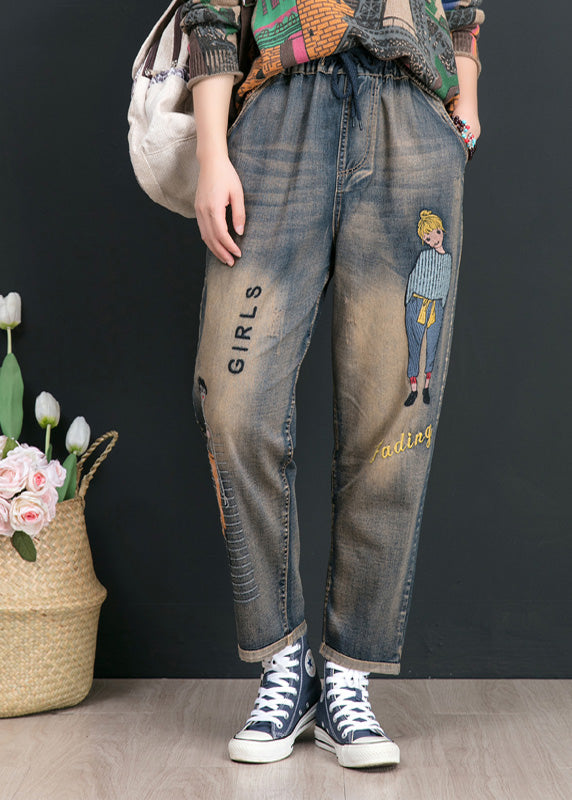 Retro Blue Print Embroideried Elastic Tie Waist Harem Pants Summer LY5212 - fabuloryshop