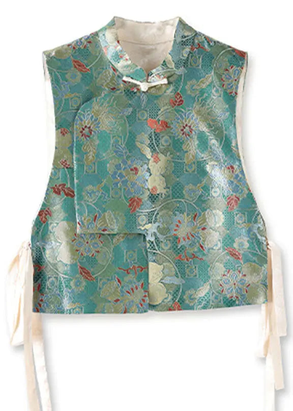 Retro Blue Stand Collar Asymmetrical Side Open Silk Waistcoat Sleeveless Ada Fashion