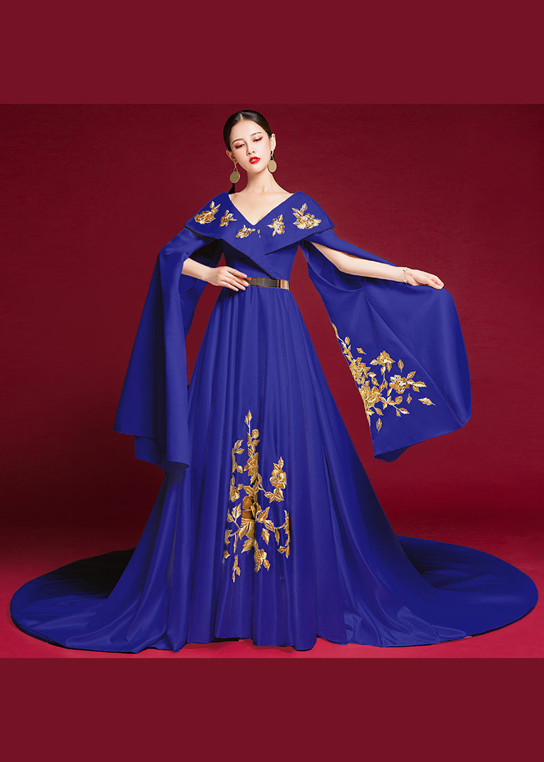 Retro Blue V Neck Embroideried Patchwork Silk Dresses Long Sleeve Ada Fashion