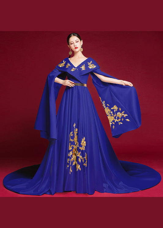 Retro Blue V Neck Embroideried Patchwork Silk Dresses Long Sleeve Ada Fashion