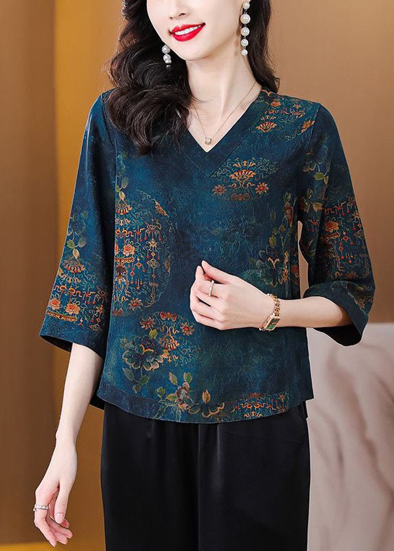 Retro Blue V Neck Print Patchwork Silk Tops Spring LY4607 - fabuloryshop