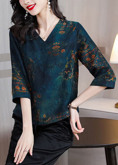 Retro Blue V Neck Print Patchwork Silk Tops Spring LY4607 - fabuloryshop