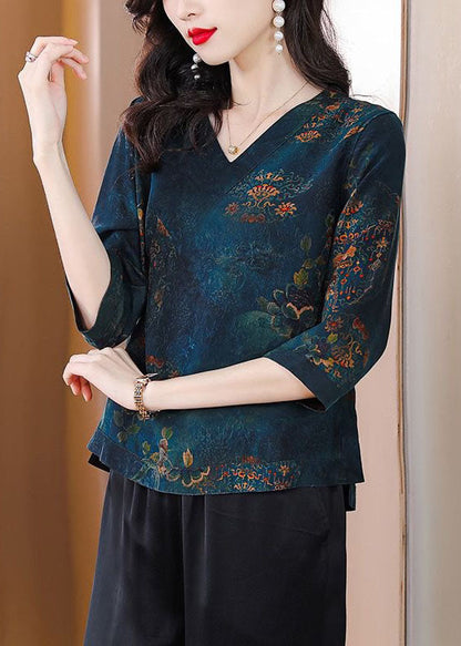 Retro Blue V Neck Print Patchwork Silk Tops Spring LY4607 - fabuloryshop