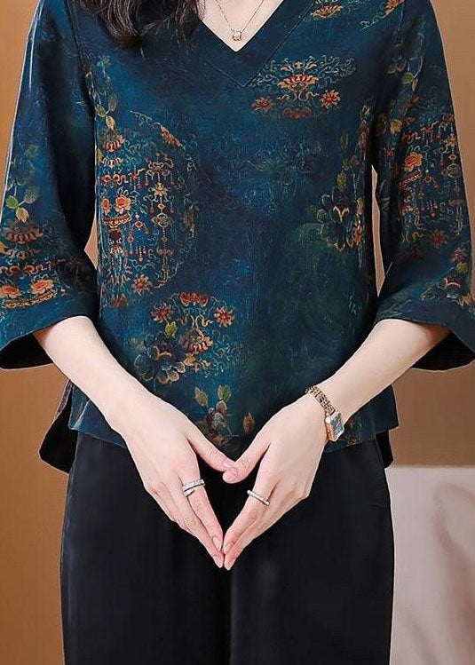 Retro Blue V Neck Print Patchwork Silk Tops Spring LY4607 - fabuloryshop