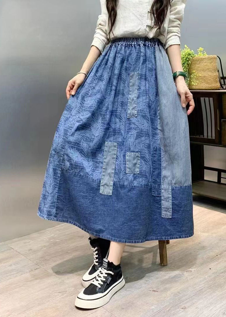 Retro Blue Wrinkled Pockets Print Patchwork Denim Skirts Summer LY4543 - fabuloryshop