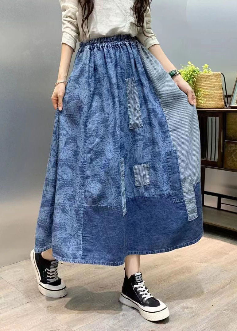 Retro Blue Wrinkled Pockets Print Patchwork Denim Skirts Summer LY4543 - fabuloryshop