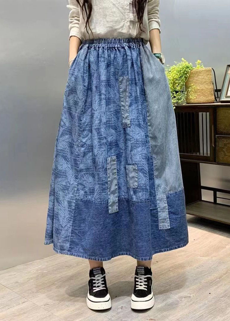 Retro Blue Wrinkled Pockets Print Patchwork Denim Skirts Summer LY4543 - fabuloryshop