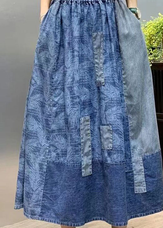 Retro Blue Wrinkled Pockets Print Patchwork Denim Skirts Summer LY4543 - fabuloryshop