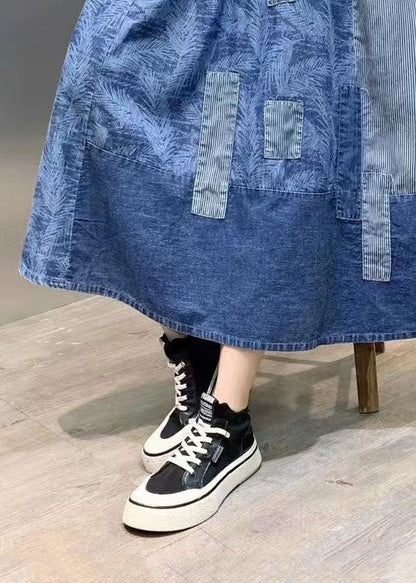 Retro Blue Wrinkled Pockets Print Patchwork Denim Skirts Summer LY4543 - fabuloryshop