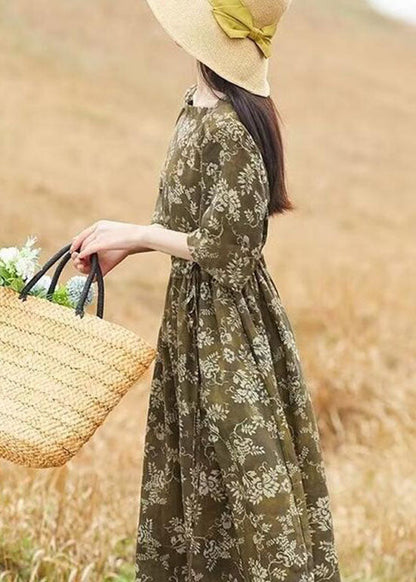 Retro Brown O Neck Print Patchwork Drawstring Cotton Dresses Summer LY2653 - fabuloryshop