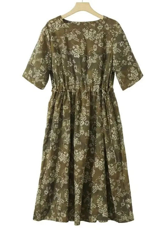 Retro Brown O Neck Print Patchwork Drawstring Cotton Dresses Summer LY2653 - fabuloryshop