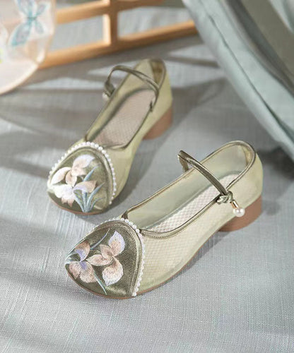 Retro Buckle Strap Splicing Embroideried Flat Feet Shoes Green Tulle LY7691